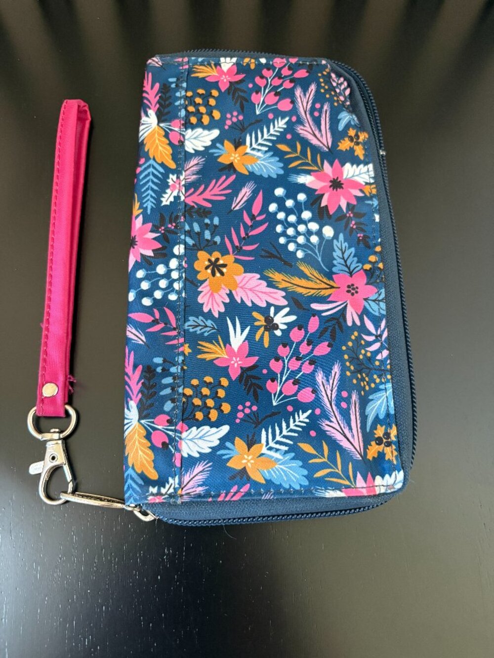 Big Skinny Floral Zip Around Wristlet Wallet Navy Blue Pink Multicolor